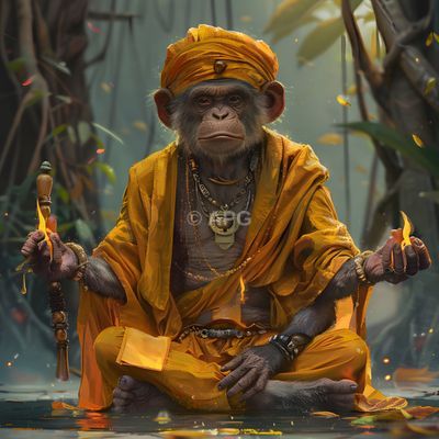 Meditierender Affe in Safranrobe